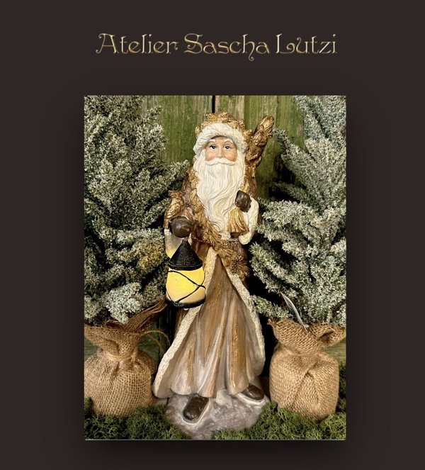 Goldener Weihnachtsmann, Santa mit LED Laterne 34cm