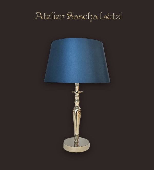 Elegante Tischlampe Nachttischlampe Nickel Silber Lampenschirm Satin Blau