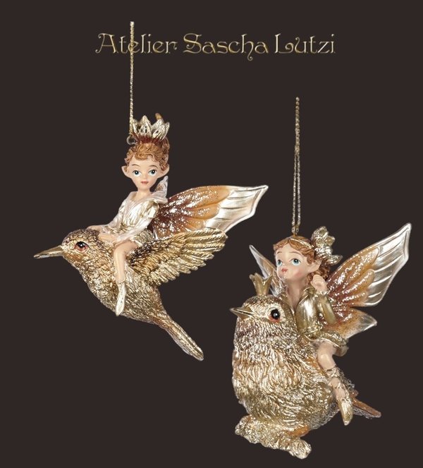 Fairy Riding Bird, süsse Elfe auf Vogel fliegend, Ornament 11cm