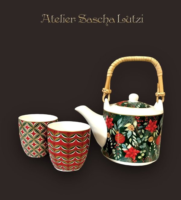 Easy Life Porzellan Teekanne Weihnachtstassen Teetassen 3-er Set in schöner Box