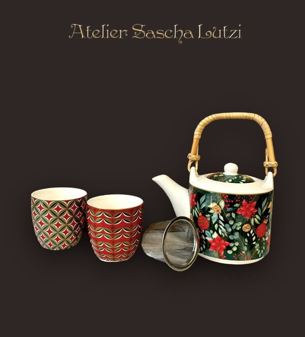 Easy Life Porzellan Teekanne Weihnachtstassen Teetassen 3-er Set in schöner Box